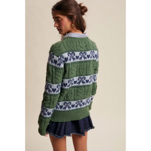Green & Blue Cable Knit Hearts Bows Striped Knit Pullover Winter Casual Relaxed - Picture 3 of 3
